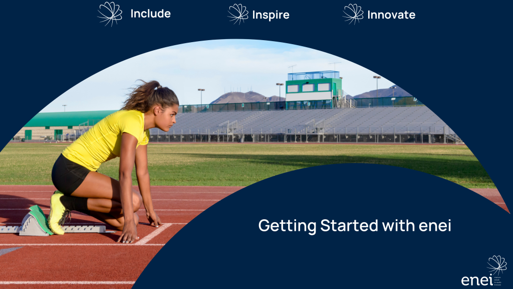 Image shows the enei template with a image window showing a photo of a female athlete at the starting block on a running track. "Include Inspire Innovate at the top of the graphic and the text below the window reads "Getting Started with enei".