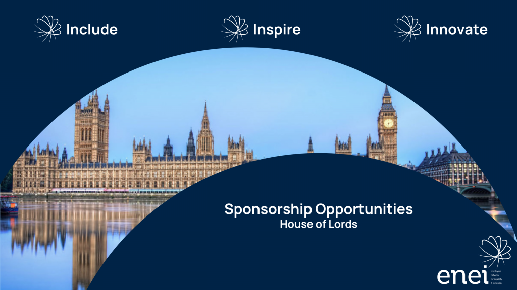 Image shows the enei template with "Include. Inspire. Innovate" at the top of the image. The windowed image is of the House of Lords against a dusky sky, with the building reflected in the river. The text reads "Sponsorship Opportunities. House of Lords"