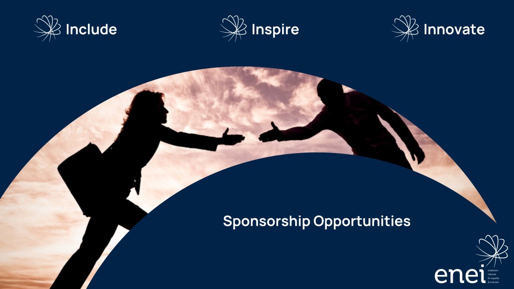 Image shows the enei template with "Include. Inspire. Innovate" at the top of the image. Text at the the bottom reads "Sponsorship Opportunities" and the graphic in the windowed view shows the silhouettes of two people, seemingly atop a hill and they both appear to be wearing business clothing. One person is reaching out to the other, who is holding out a hand ready to pull them up to the top of the hill.