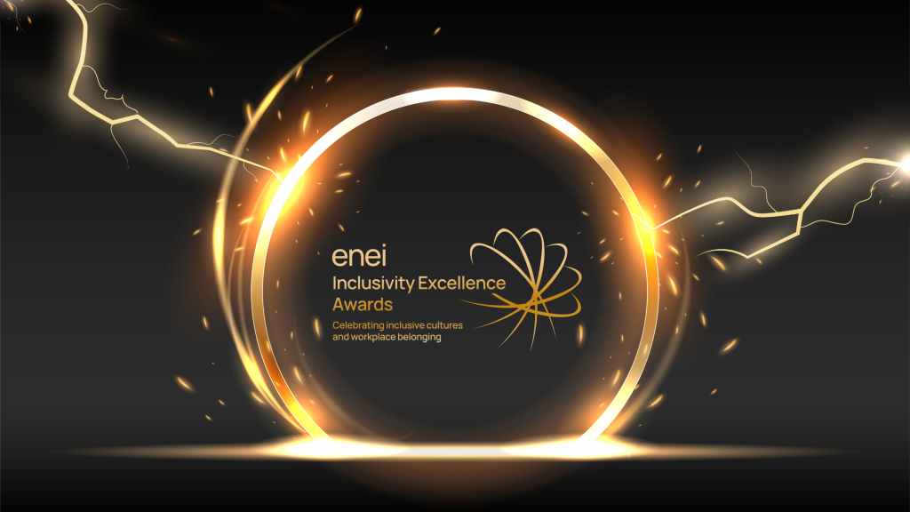 Against a black background is a golden globe which appears to be emitting lightning bolts from both sides. Within the globe is the enei Inclusivity Excellence Awards logo in a gold gradient.