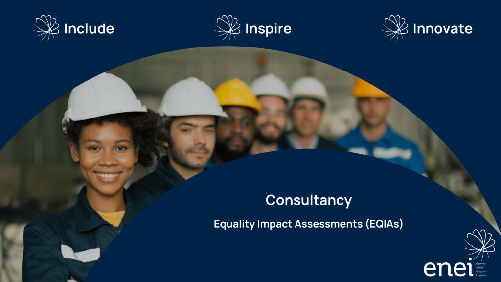 enei template with the windowed image showing a group of people line up in front of the camera. They are all wearing hard hats and safety clothing. They all stand with their arms crossed and smile at the camera. The person nearest the camera is a young, black female and the rest are men of various ethnicities.