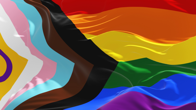 The image shows the Pride Progress flag flying in a breeze.