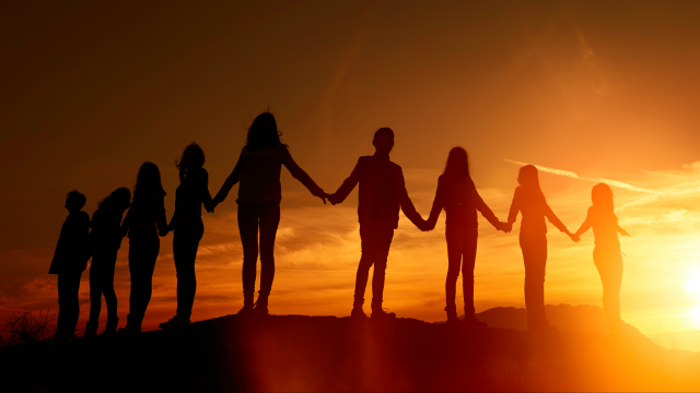 A line of people in silhouette hold hands and appear to be standing on a hill, which is back-lit by a beautiful orange horizon.