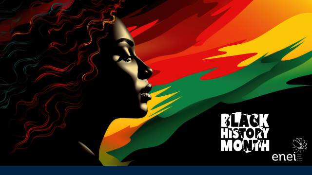 A Black female illustration is shown in profile standing serenely with her eyes closed against a swirling backdrop of the BHM colours of red, gold, and green next to the words Black History Month in white.