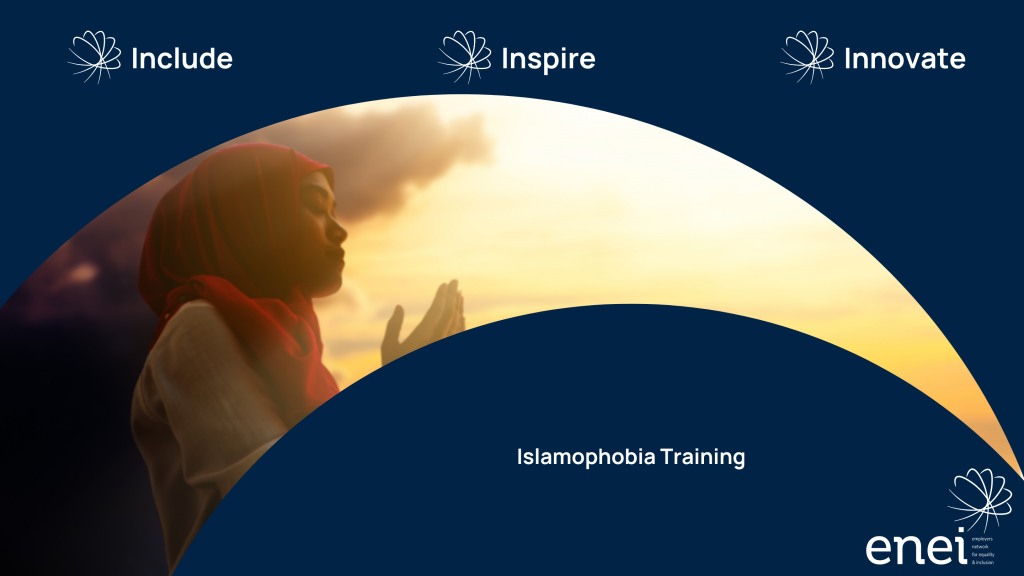 The image shows the enei strapline of "Include. Inspire. Innovate" at the top with the windowed image showing a Muslim female holding her hands out in prayer, against a beautiful backdrop of a yellow setting/rising sun.