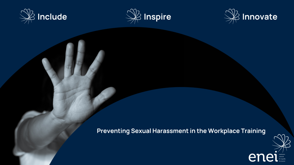 Include - Inspire - Innovate appears at the top of the image. The windowed image shows a female with her hand held up as if to ward something off. The title reads "Preventing Sexual Harassment in the Workplace Training".